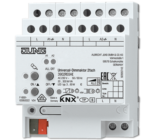 Универсальный LED диммер, 2 группы, монтаж на DIN-рейку, 4 модуля; KNX  3902REGHE  Jung