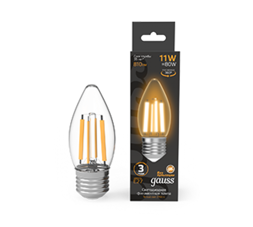 Лампа светодиодная Filament Свеча 11W 810lm 2700К Е27 LED 1/10/50  103802111  Gauss