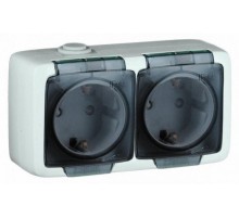 Розетка открытой установки, двухместная, с заземляющим контактом, брызгозащищенная, цвет белая  РА16-251  HEGEL