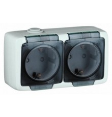 Розетка открытой установки, двухместная, с заземляющим контактом, брызгозащищенная, цвет белая  РА16-251  HEGEL