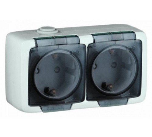 Розетка открытой установки, двухместная, с заземляющим контактом, брызгозащищенная, цвет белая  РА16-251  HEGEL