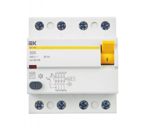 Выключатель дифференциальный (УЗО) ВД1-63 4п 50А 30мА тип AC  MDV10-4-050-030  IEK