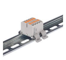 Блок распределительный с гориз. адаптером на рейку шириной 35мм, зажим push-in, 10 точек подключения 2,5 кв.мм, серый  DTP1-010-04SPUG-H  DKC