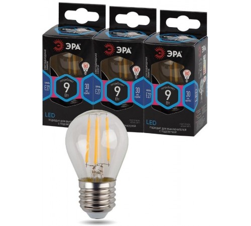 Лампа светодиодная F-LED P45-9w-840-E27 (филамент, шар, 9Вт, нейтр, E27)  Б0047029  ЭРА