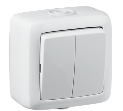 Выключатель открытой установки, двухклавишный, брызгозащищенный, цвет белый  ВА10-251  HEGEL
