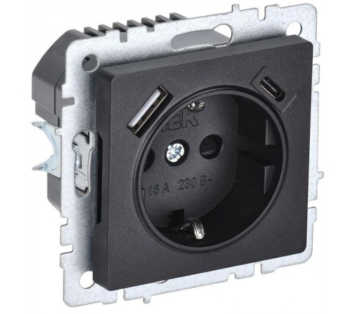 BRITE Розетка с заземлением со шторками 16А с USB A+C 18Вт РЮш11-1-БрЧ черный  BR-R14-16-U22-018-K02  IEK