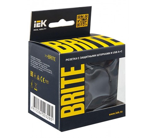 BRITE Розетка с заземлением со шторками 16А с USB A+C 18Вт РЮш11-1-БрЧ черный  BR-R14-16-U22-018-K02  IEK