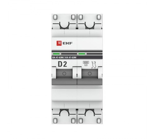 Выключатель автоматический двухполюсный 2P 2А (D) 6кА ВА 47-63M c одним магнитным расцепителем EKF  mcb4763m-6-2-2D-pro  EKF