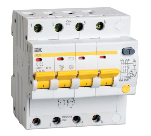 Выключатель автоматический дифференциального тока АД14 4п 6А C 10мА тип AC (5 мод)  MAD10-4-006-C-010  IEK