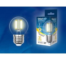 Лампа светодиодная LED-G45-5W/WW/E27/CL/DIM GLA01TR LED диммируемая. "шар", прозр серия Air. 3000K  UL-00002868  Uniel
