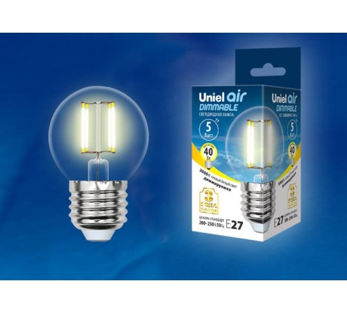 Лампа светодиодная LED-G45-5W/WW/E27/CL/DIM GLA01TR LED диммируемая. "шар", прозр серия Air. 3000K  UL-00002868  Uniel