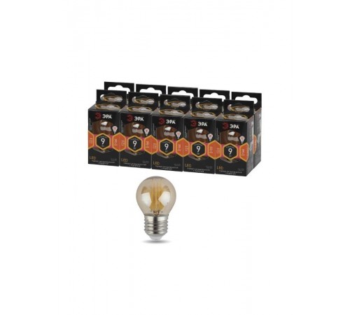 Лампа светодиодная F-LED P45-9W-827-E27 gold (филамент, шар золот, 9Вт, тепл, E27)  Б0047025  ЭРА
