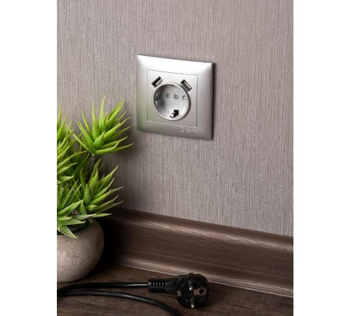 Валенсия лицевая панель розетки 1-местной с/з 16А сталь с защ. штор. с 2 USB 2,1А EKF PROxima   ESR16-L-028-30-2USB   EKF