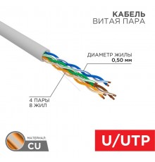 Кабель UTP 4PR 24AWG, CU (медь), CAT5e, 100 МГц, PVC, серый, бухта 50 м  01-0043-50  REXANT