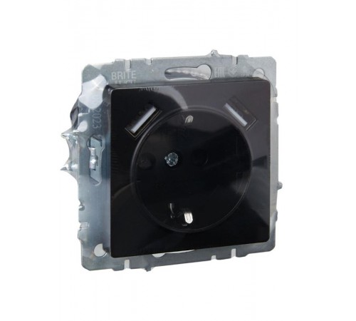 BRITE Розетка с заземлением со шторками 16А с USB A+A 2,1А РЮш10-1-БрЧ черный  BR-R14-16-U21-D21-K02  IEK
