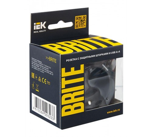 BRITE Розетка с заземлением со шторками 16А с USB A+A 2,1А РЮш10-1-БрЧ черный  BR-R14-16-U21-D21-K02  IEK