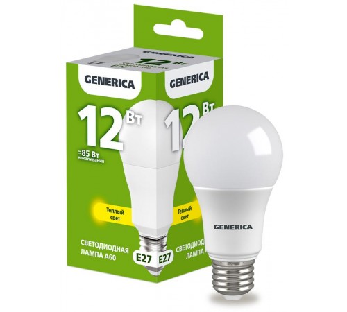 Лампа светодиодная A60 груша 12Вт 230В 3000К E27   LL-A60-12-230-30-E27-G  GENERICA