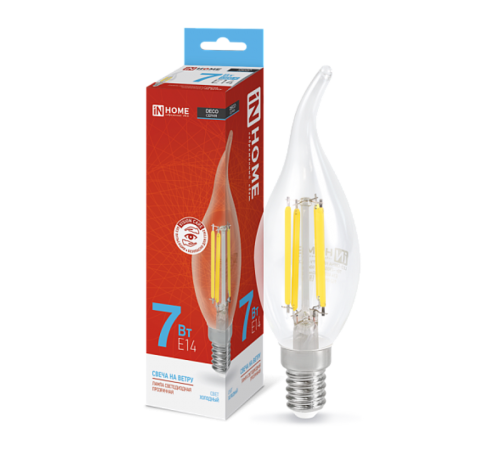 Лампа светодиодная LED-СВЕЧА НА ВЕТРУ-deco 7Вт 230В Е14 6500К 630Лм прозр  4690612034997  IN HOME