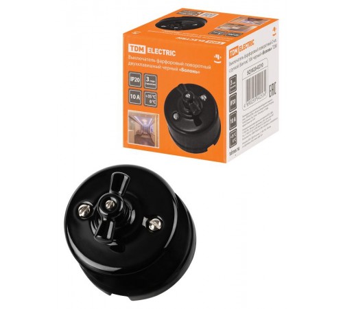 Выключатель фарфоровый поворотный 2-кл. с ручкой (бантик) 10А черный "Болонь"  SQ1820-0210  TDM