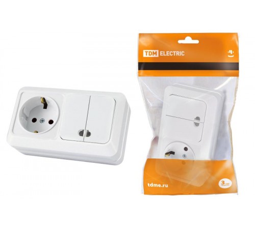 Блок комбинированный выкл. 2-кл. с/п 10А + розетка 2П+З 16А 250В БКВР IP20 белый "Ладога"  SQ1801-0104  TDM