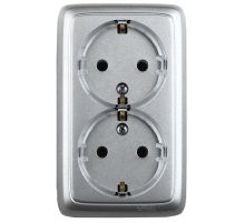 Розетка открытой установки, двухместная, с заземляющим контактом, цвет серебро  РА16-181-06  HEGEL