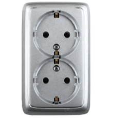 Розетка открытой установки, двухместная, с заземляющим контактом, цвет серебро  РА16-181-06  HEGEL
