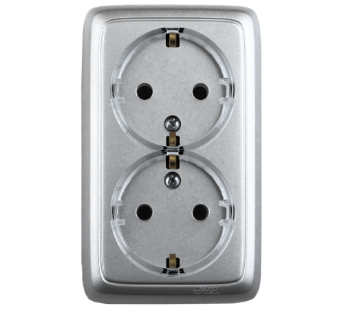 Розетка открытой установки, двухместная, с заземляющим контактом, цвет серебро  РА16-181-06  HEGEL