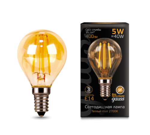 Лампа светодиодная   Filament Шар 5W 400lm 2700К Е14 golden LED 1/10/50  105801005  Gauss