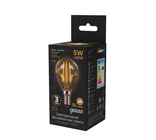Лампа светодиодная   Filament Шар 5W 400lm 2700К Е14 golden LED 1/10/50  105801005  Gauss