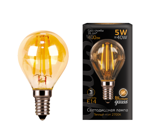 Лампа светодиодная   Filament Шар 5W 400lm 2700К Е14 golden LED 1/10/50  105801005  Gauss
