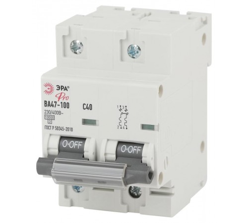 Выключатель автоматический двухполюсный NO-902-275 ВА47-100 2Р 40А 10 кА кривая С (6/60/1440) Pro  Б0048865  ЭРА