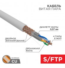 Кабель витая пара, S/FTP, CAT 6A, ZH нг(А)-HF, 4х2х0,575мм, 23AWG, INDOOR, SOLID, серый, 305м REXANT PRO  02-0325  REXANT