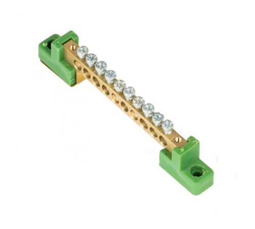 Шина "0" PE 6x9мм 10 отверстий латунь с контактной пластиной 2 зелёных угловых изолятора EKF PROximasn0-63-10-2-peEKF