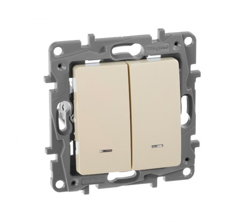 Etika Слоновая кость Выключатель 2-х клавишный с подсветкой, 10А, винтовые клеммы  672304  Legrand