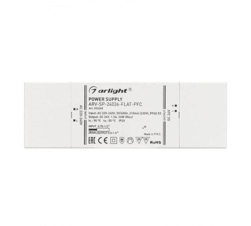 Блок питания ARV-SP-24036-FLAT-PFC (24V, 1.5A, 36W) (Arlight, IP20 Пластик, 5 лет)  033260  Arlight
