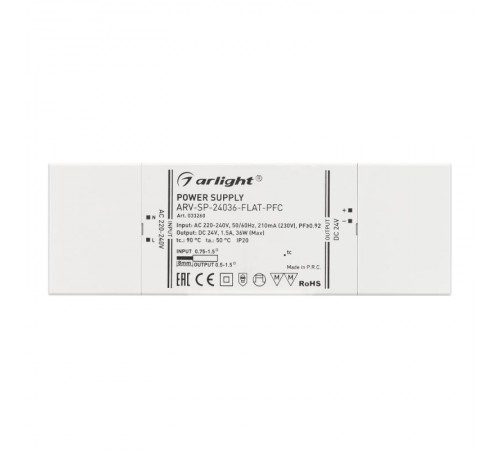 Блок питания ARV-SP-24036-FLAT-PFC (24V, 1.5A, 36W) (Arlight, IP20 Пластик, 5 лет)  033260  Arlight