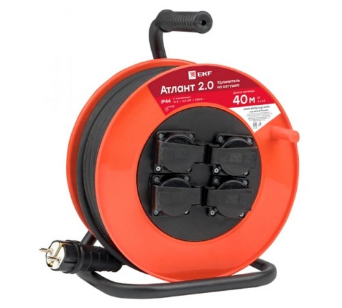 Удлинитель на катушке "Атлант 2.0" 4 гнезда 40м с заземлением КГ 3*1,5 16А/3,5кВт IP44 PROxima  UKA02-16-315R-4-40-IP44  EKF