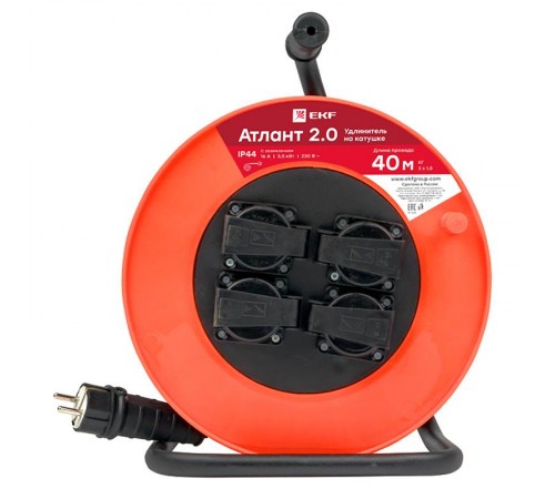 Удлинитель на катушке "Атлант 2.0" 4 гнезда 40м с заземлением КГ 3*1,5 16А/3,5кВт IP44 PROxima  UKA02-16-315R-4-40-IP44  EKF