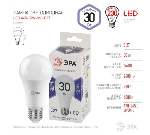 Лампа светодиодная LED A65-30W-860-E27 (диод, груша, 30Вт, холодный, E27) (10/100/1200)  Б0048017  ЭРА