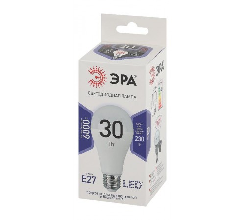 Лампа светодиодная LED A65-30W-860-E27 (диод, груша, 30Вт, холодный, E27) (10/100/1200)  Б0048017  ЭРА