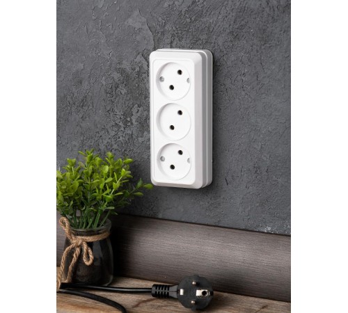 Рим Розетка 3-местная 10А без заземления  белая EKF  ENR10-202-10  EKF