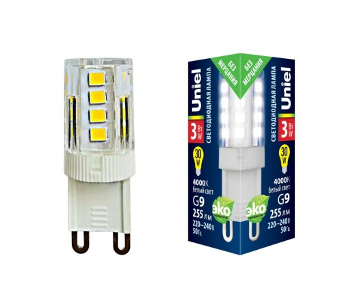 Лампа светодиодная LED-JCD-3W/4000K/G9/CL GLZ09TR LED, прозр 4000К  UL-00006747  Uniel