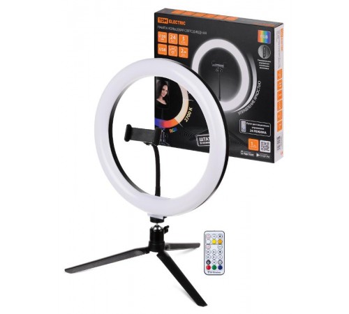 Лампа кольцевая светодиодная 30 см, 16 Вт, 2700-6400 К+RGB, штатив наст., диммер, ПДУ, USB  SQ0373-0303  TDM