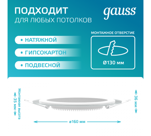 Светильник светодиодный встраиваемый круглый с декоративным стеклом 12W 4000K 1/40  947111212  Gauss