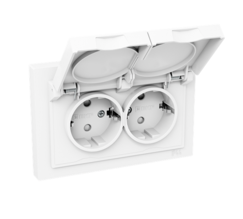 Механизм розетки двойной, 16А, IP44, с заземлением, со шторками, с рамкой, с крышками, белый Эпика EKF  UP1-SOW-211-44  EKF