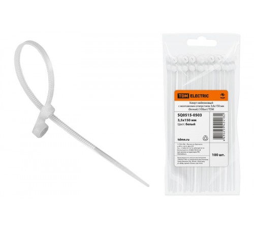 Хомут нейлоновый с монтажным отверстием 3,6х150 мм (белый) (100шт)  SQ0515-0503  TDM