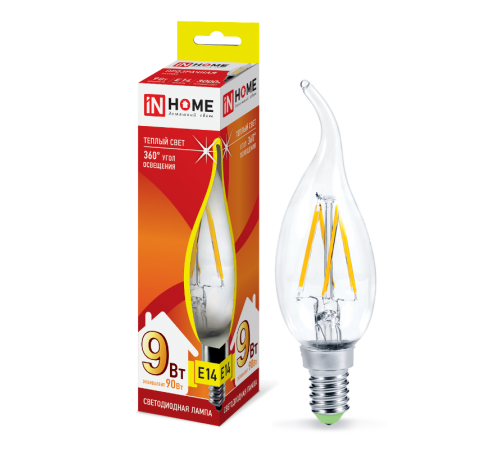 Лампа светодиодная LED-СВЕЧА НА ВЕТРУ-deco 9Вт 230В Е14 3000К 810Лм прозр  4690612026220  IN HOME