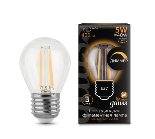 Лампа светодиодная LED 5Вт E27 220В 2700К шар, диммируемая  105802105-D  Gauss
