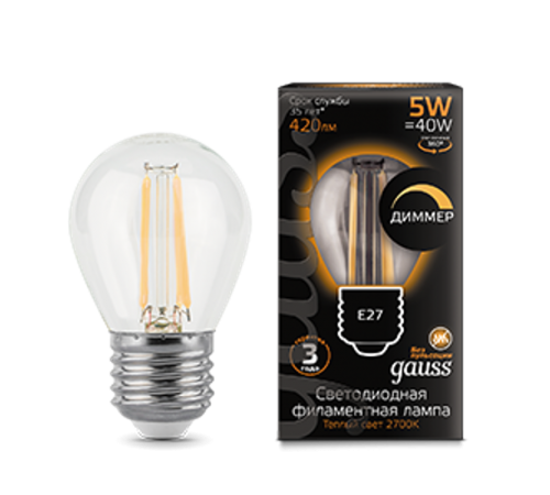 Лампа светодиодная LED 5Вт E27 220В 2700К шар, диммируемая  105802105-D  Gauss