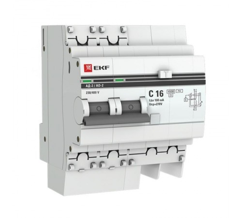 Выключатель автоматический дифференциального тока АД-2 2п 16А C 100мА тип AC (4 мод.) PROxima (электронный)  DA2-16-100-pro  EKF